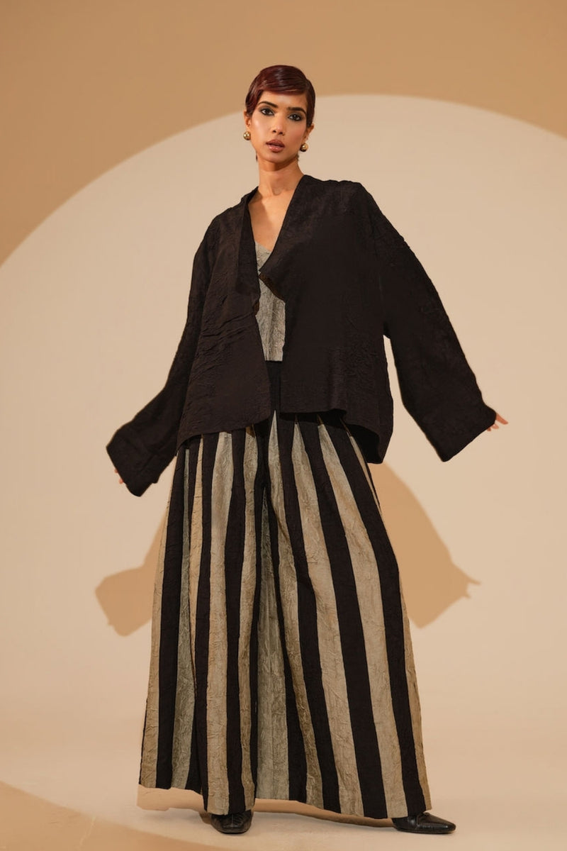 Bloom Overlay-Black + Multi crushed silk jacket/overlay by Stoique in black, multi for women Worldwide