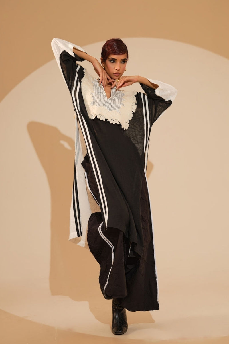 Fern Tunic-Black + Natural crushed silk tunics/kaftan by Stoique in black, natural for women Worldwide