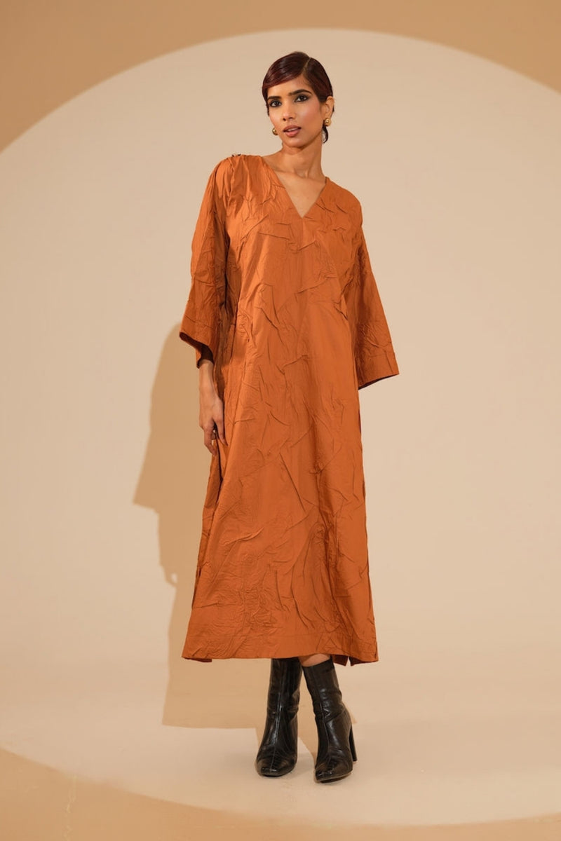 Flow Dress-Rust Orange + Black + Blue crushed cotton dress by Stoique in rust orange, black, blue for women Worldwide