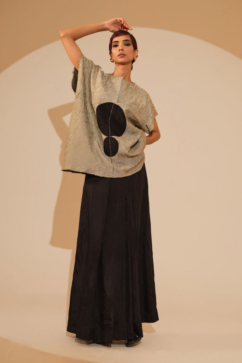 Lane Top-Taupe + Black crushed silk top/shirt by Stoique in taupe, black for women Worldwide