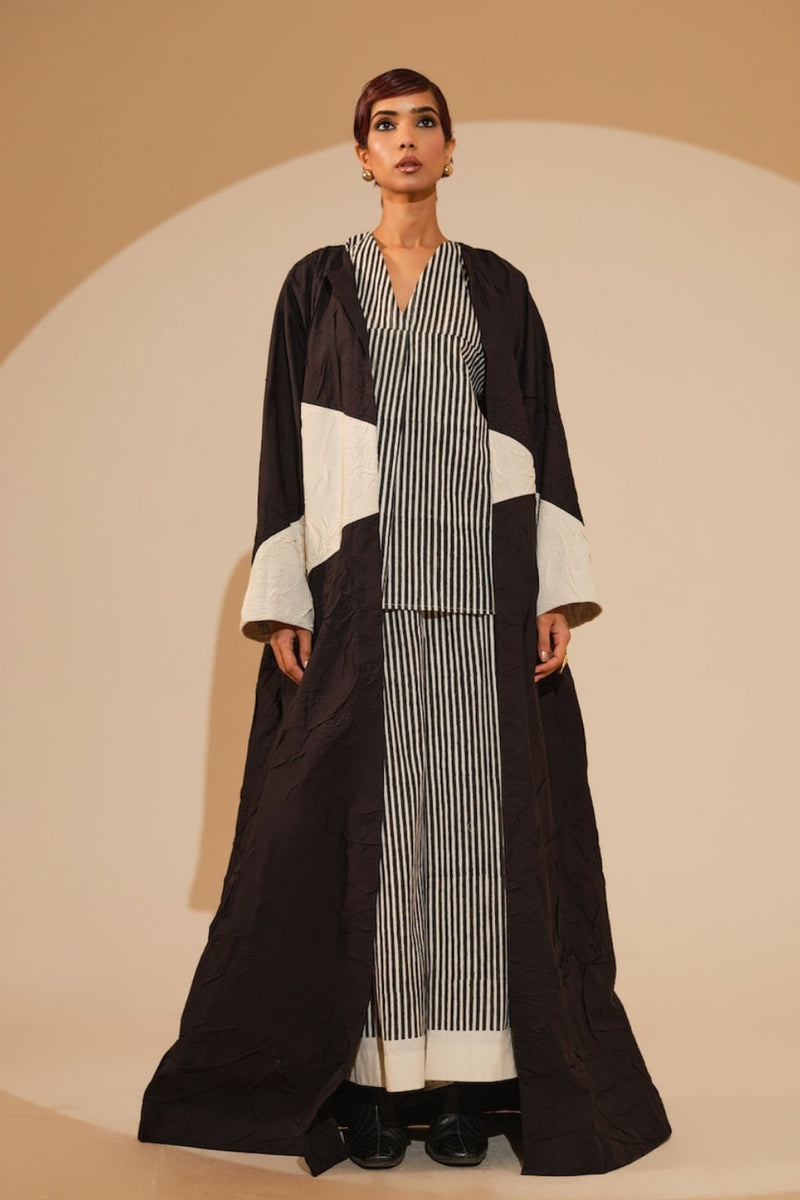 Mist Overlay-Black + Natural crushed cotton jacket/overlay by Stoique in black, natural for women Worldwide