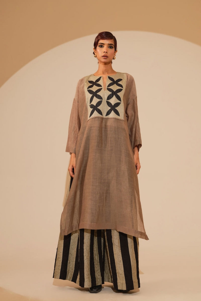 Pebble Tunic-Taupe + Black cotton chanderi tunics/kaftan by Stoique in taupe, black for women Worldwide
