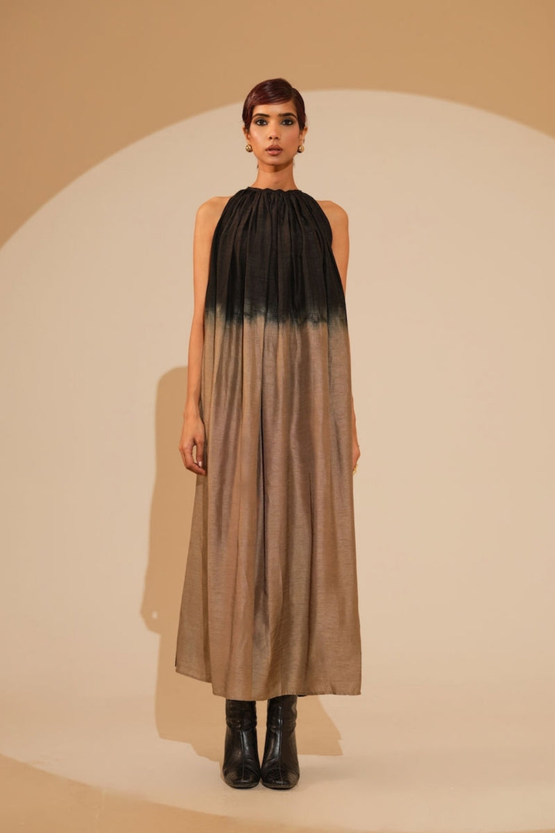 Retain Dress-Black + Grey mysore silk dress by Stoique in black, grey for women Worldwide