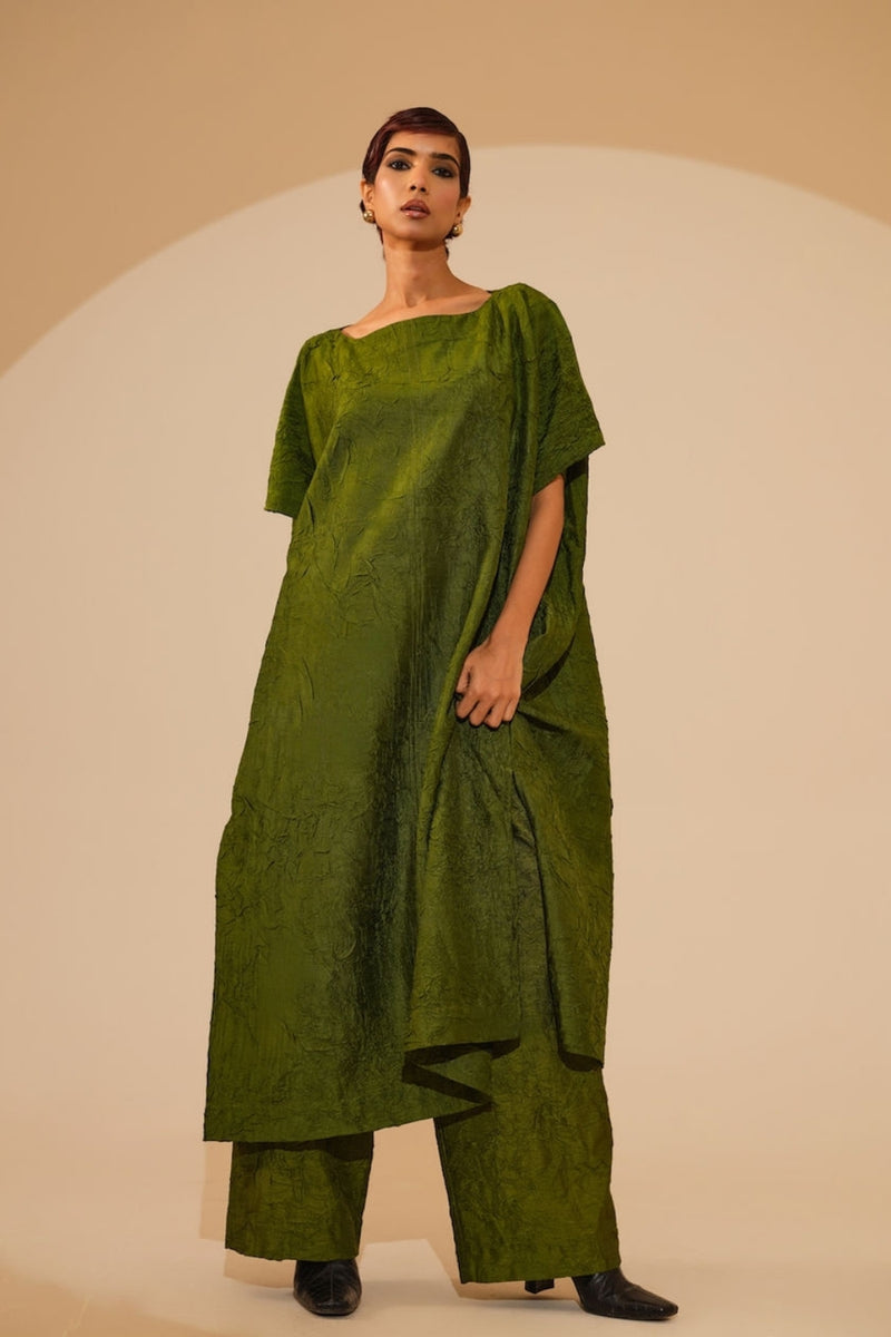Root Pants-Jade Green crushed silk pant/trouser by Stoique in green for women Worldwide