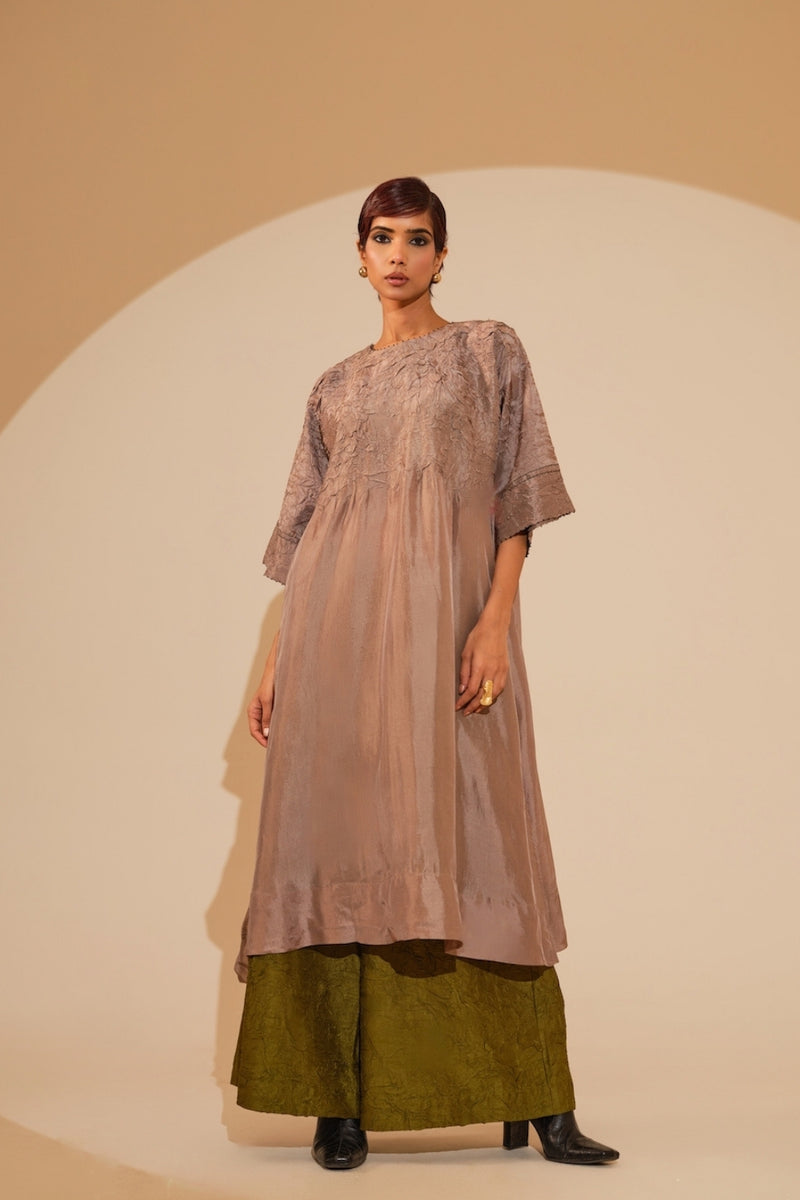 Sprout Tunic-Taupe crushed silk tunics/kaftan by Stoique in taupe for women Worldwide