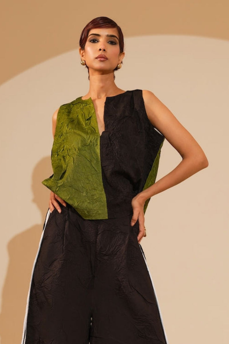 Stream CB Top-Jade + Black crushed silk top/shirt by Stoique in jade, black for women Worldwide