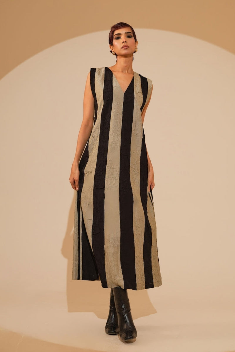 Twin Dress-Taupe + Black crushed silk dress by Stoique in taupe, black for women Worldwide