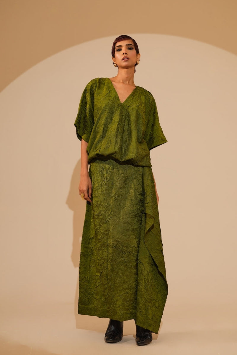 Unfold Dress-Jade Green crushed silk dress by Stoique in green for women Worldwide