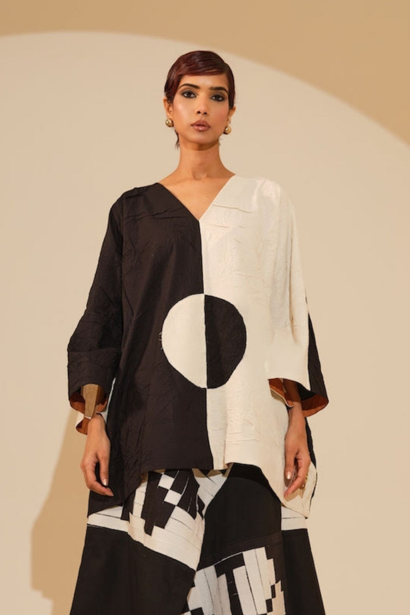 Trace Top-Black + Natural crushed cotton top/shirt by Stoique in black, natural for women Worldwide