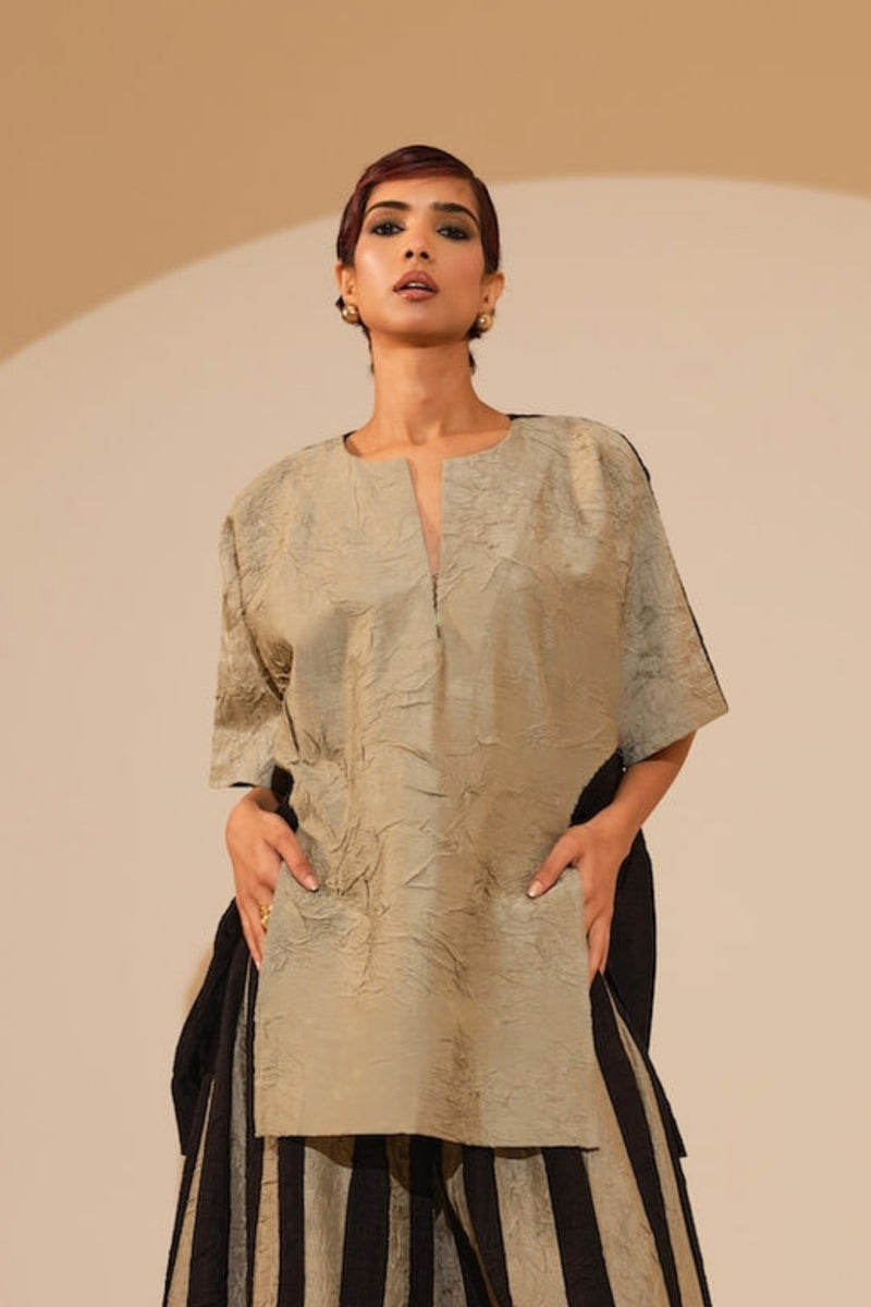 Earthy Top-Taupe + Black crushed silk top/shirt by Stoique in taupe, black for women Worldwide