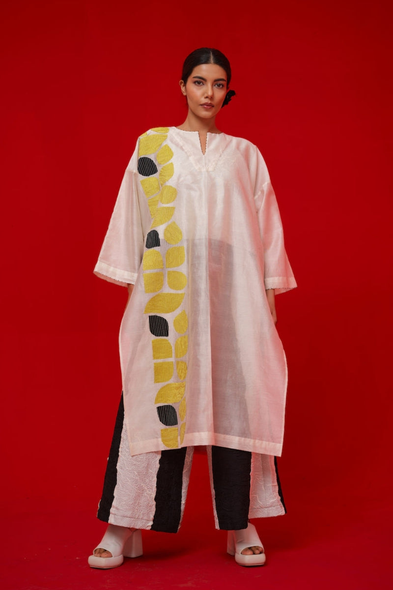 Align Tunic-Ivory + Yellow + Black silk chanderi tunics/kaftan by Stoique in ivory, yellow, black for women Worldwide
