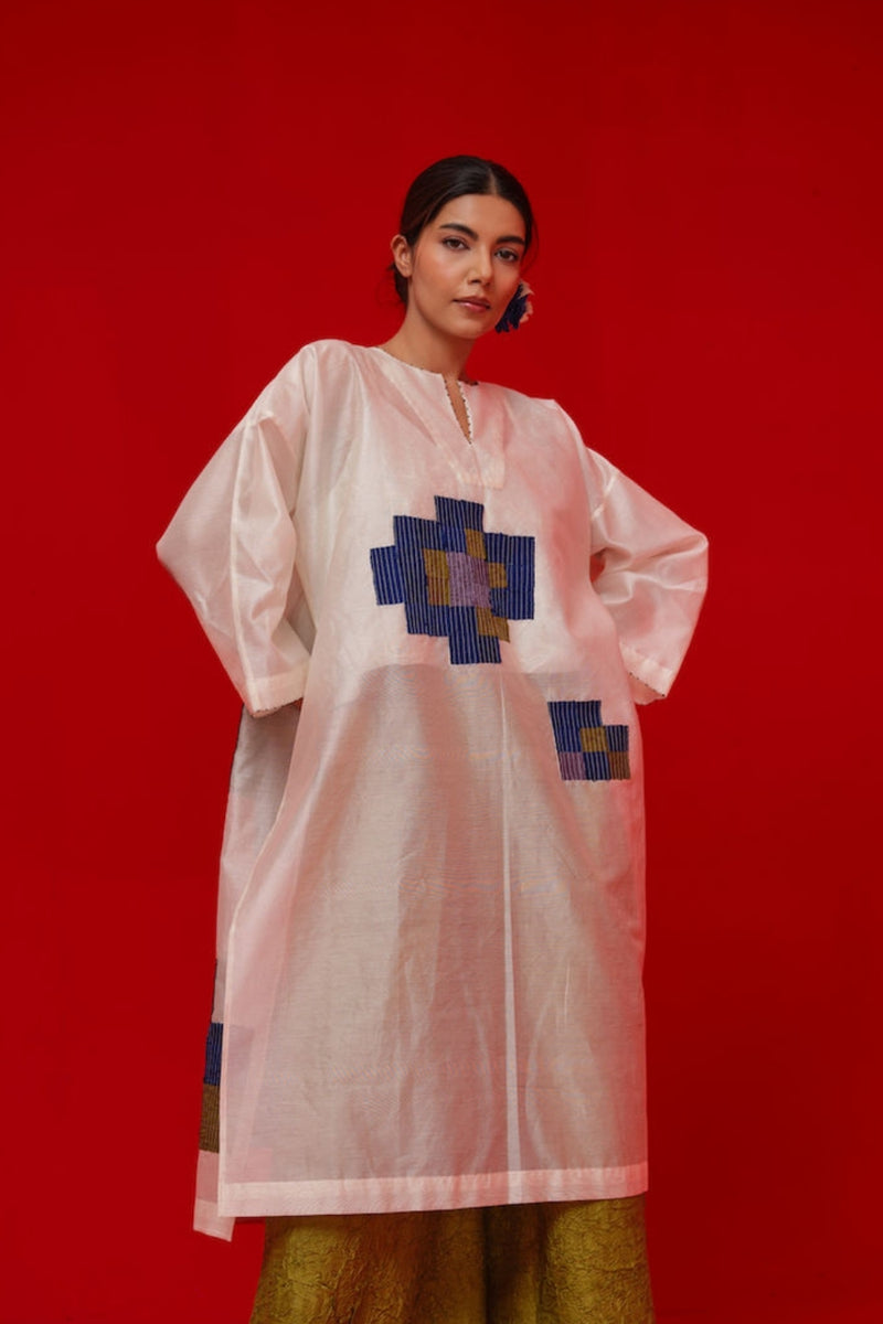 Grace Tunic-Ivory + Blue + Green + Grey silk chanderi tunics/kaftan by Stoique in ivory, blue, green, grey for women Worldwide