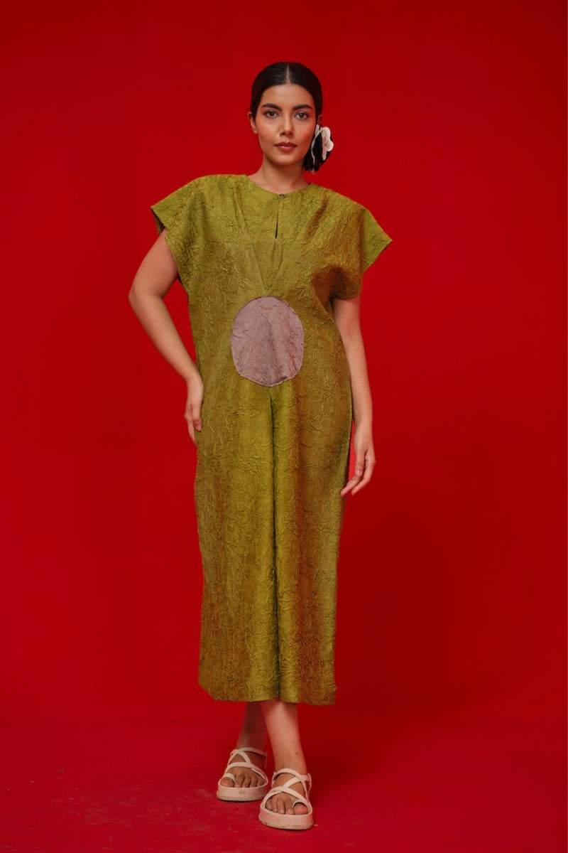 Lane Dress-Leaf green + Grey crushed silk dress by Stoique in green, grey for women Worldwide