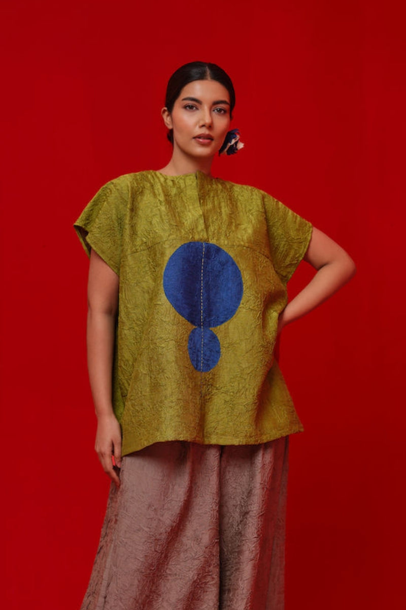 Lane Top-Leaf green + Blue crushed silk top/shirt by Stoique in green, blue for women Worldwide