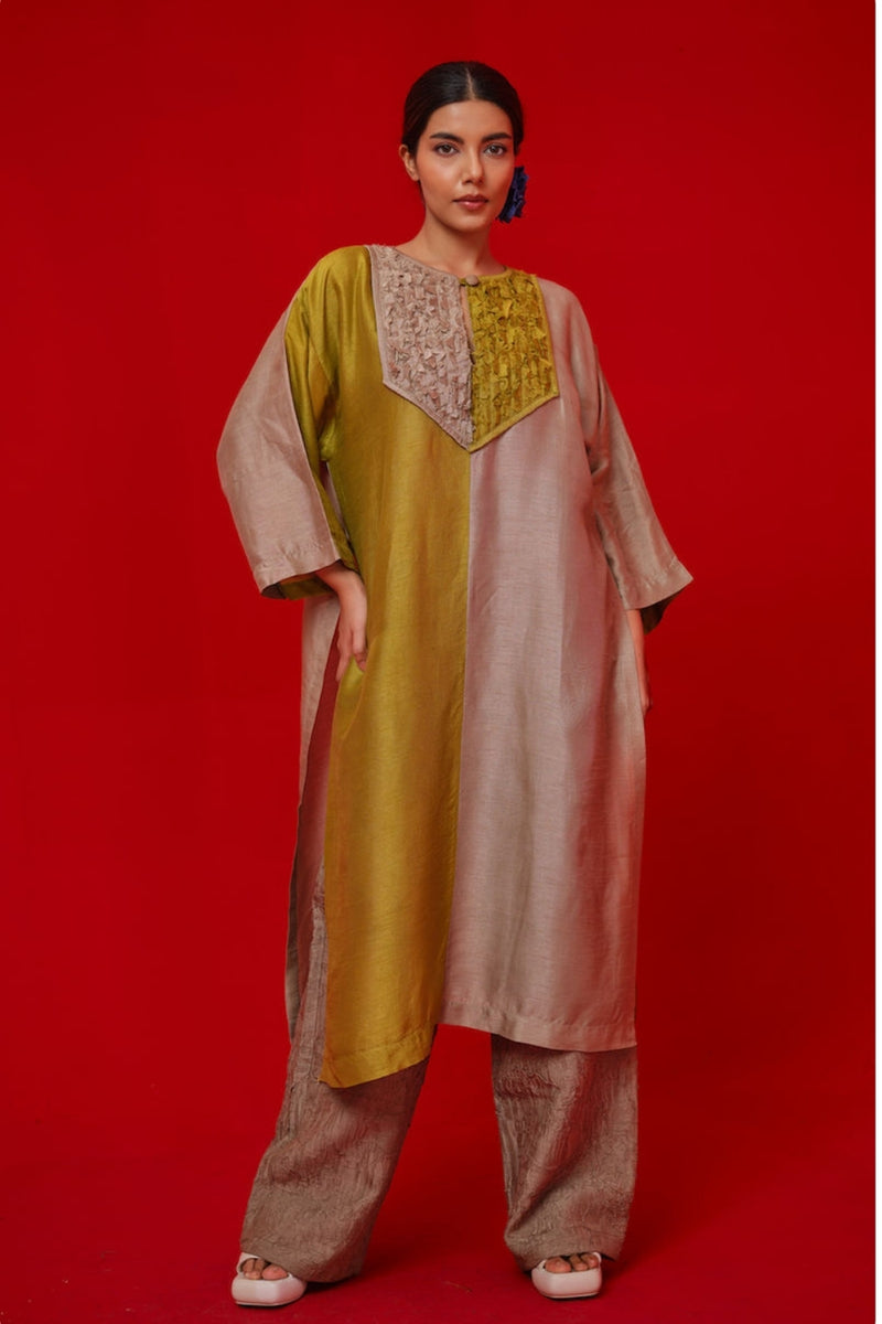 Opal tunic-Leaf green + Grey mysore silk tunics/kaftan by Stoique in green, grey for women Worldwide