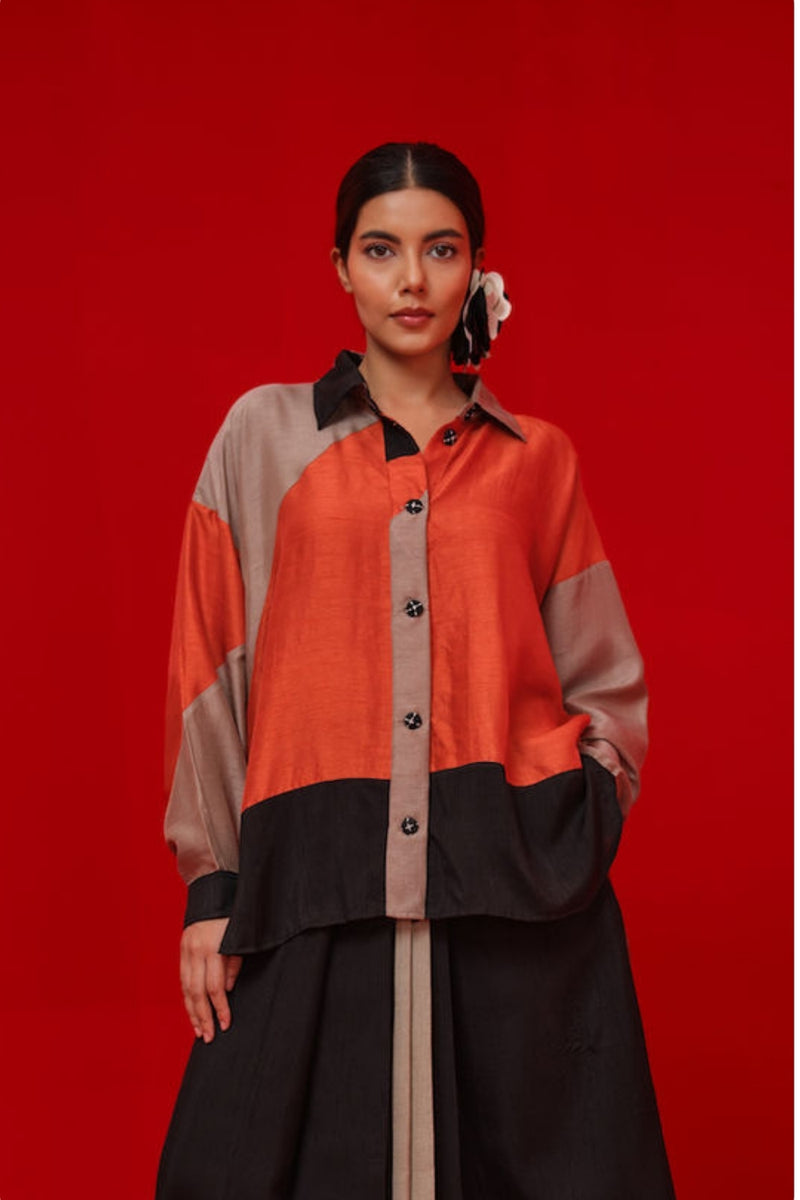 Ponder Shirt-Black + Orange + Grey mysore silk pant/trouser by Stoique in black, orange, grey for women Worldwide