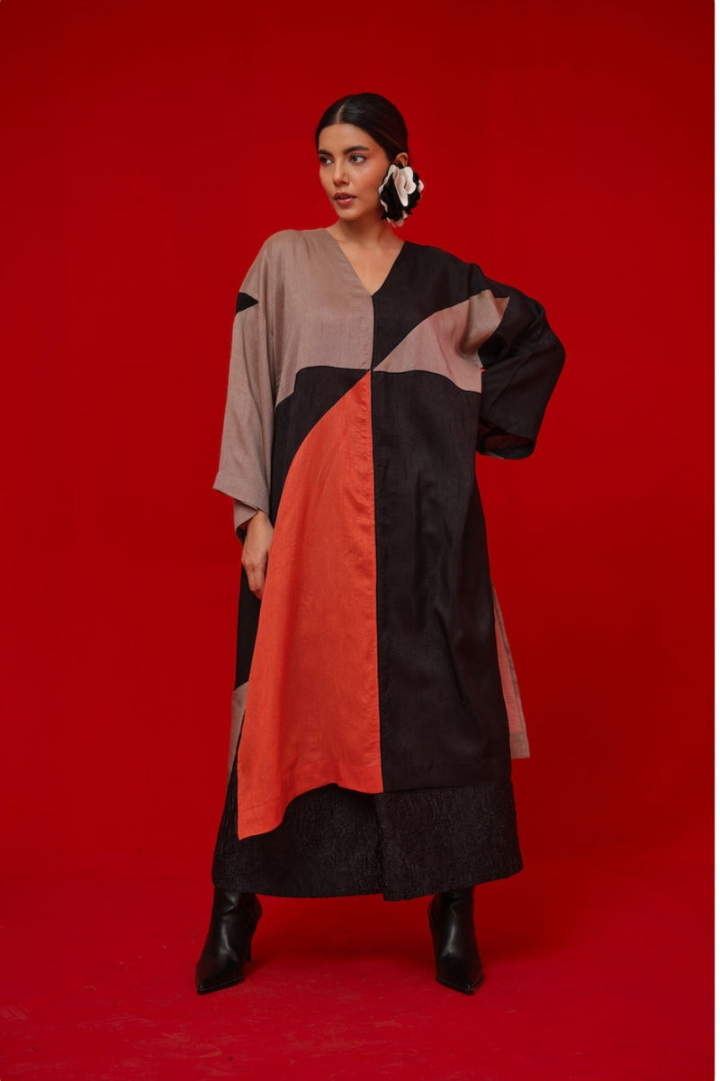 Ponder Tunic-Black + Orange + Grey mysore silk tunics/kaftan by Stoique in black, orange, grey for women Worldwide