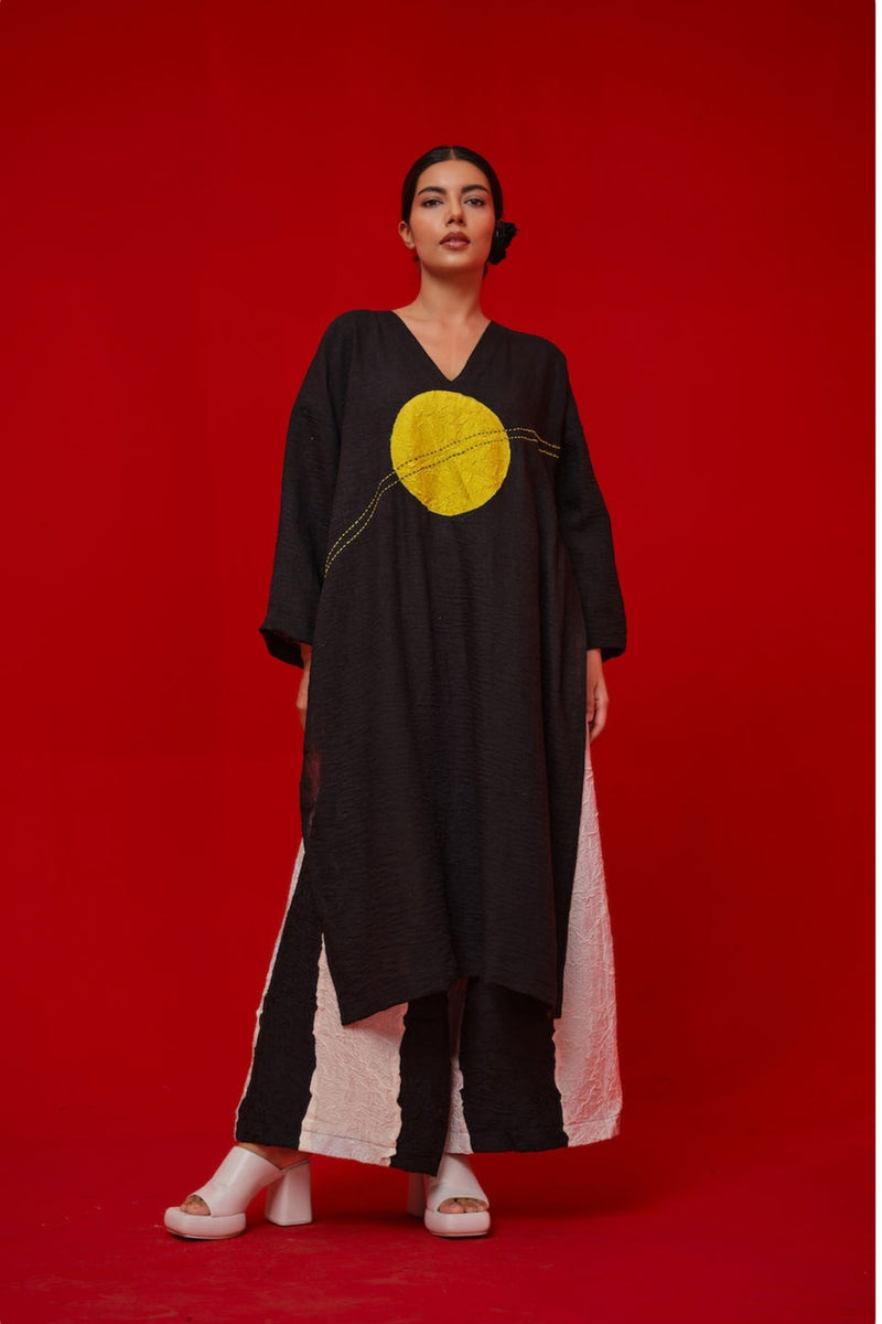 Rock Salt Tunic-Black + Yellow linen tunics/kaftan by Stoique in black, yellow for women Worldwide