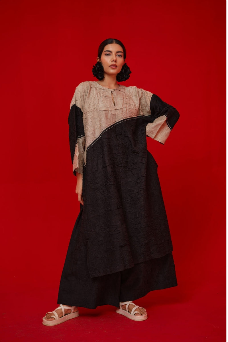 Salt Tunic-Black + Grey crushed silk tunics/kaftan by Stoique in black, grey for women Worldwide
