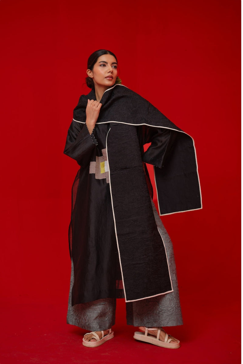 Trace Scarf-Black + Natural crushed silk scarve/stole by Stoique in black, natural for women Worldwide