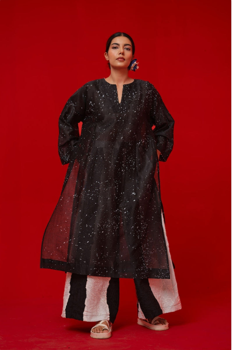 Seek Tunic-Black + Natural silk chanderi tunics/kaftan by Stoique in black, natural for women Worldwide