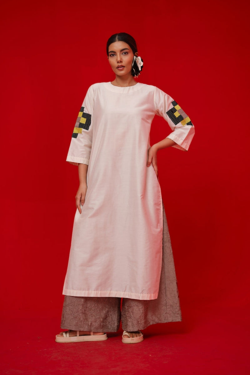 Union Tunic-Ivory + Black + Yellow silk cotton tunics/kaftan by Stoique in ivory, black, yellow for women Worldwide