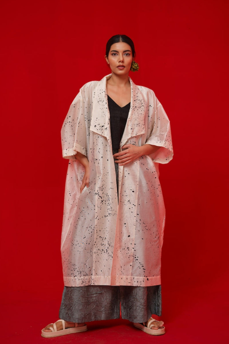 Wander Overlay-Ivory + Black silk chanderi jacktes and overlays by Stoique in ivory, black for women Worldwide