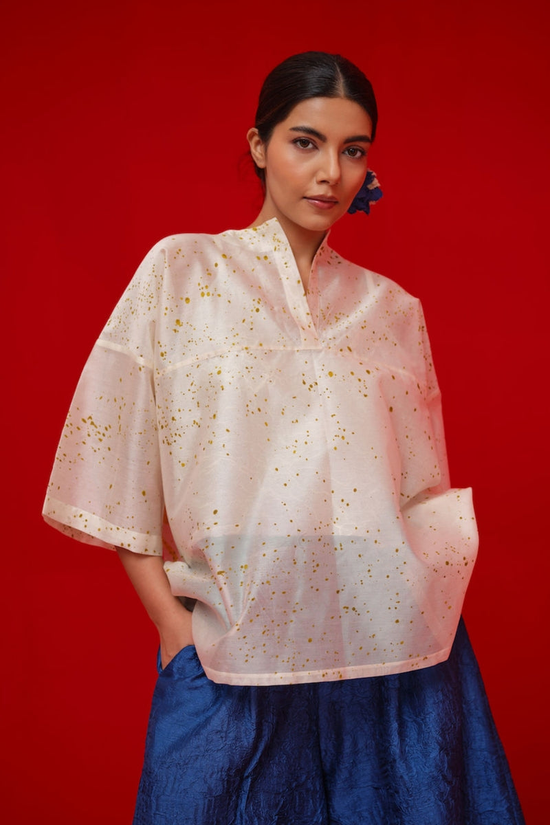 Wander Top-Ivory + Mustard silk chanderi top/shirt by Stoique in ivory, mustard for women Worldwide