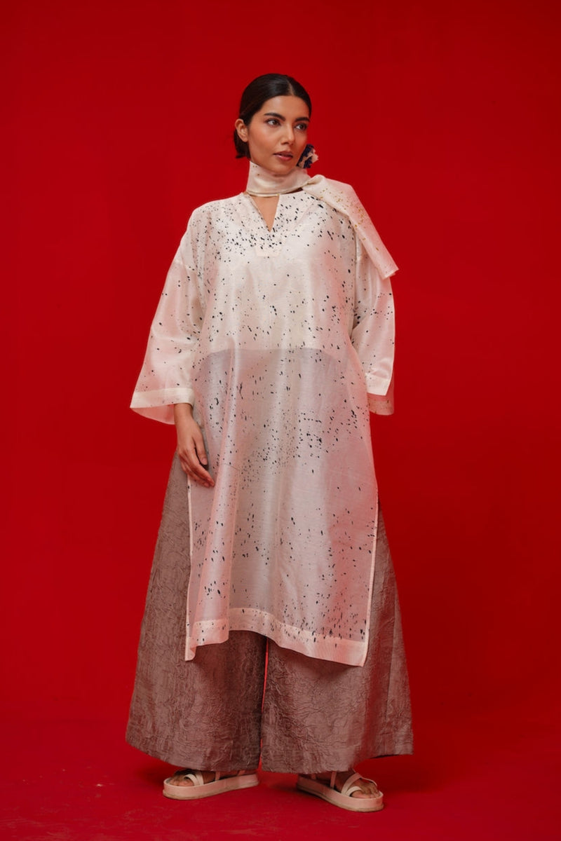 Wander Tunic-Ivory + Black + Mustard silk chanderi tunics/kaftan by Stoique in ivory, black, mustard for women Worldwide