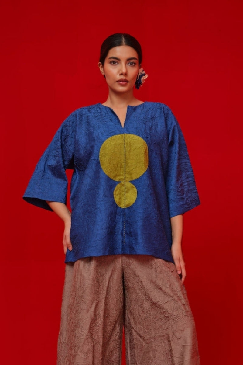 Alley Top-Blue + Leaf green crushed silk top/shirt by Stoique in blue, green for women Worldwide