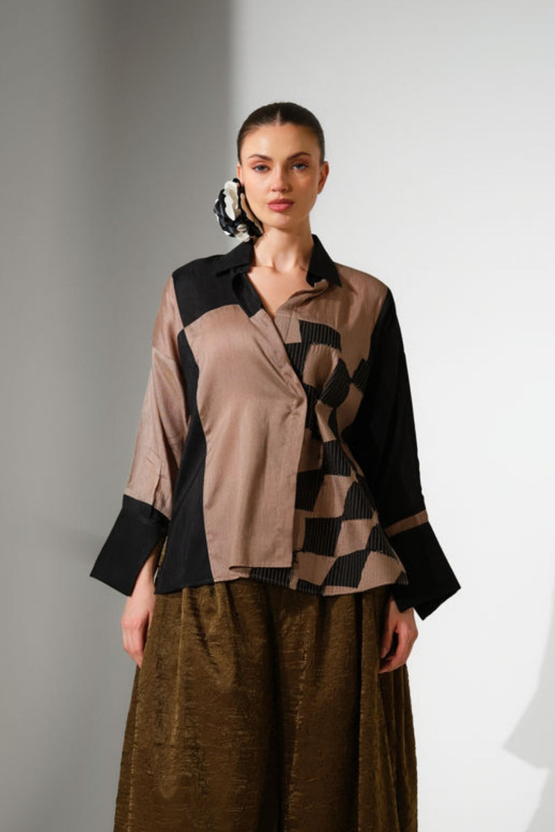 Dew Shirt-Grey + Black mysore silk top/shirt by Stoique in grey, black for women Worldwide