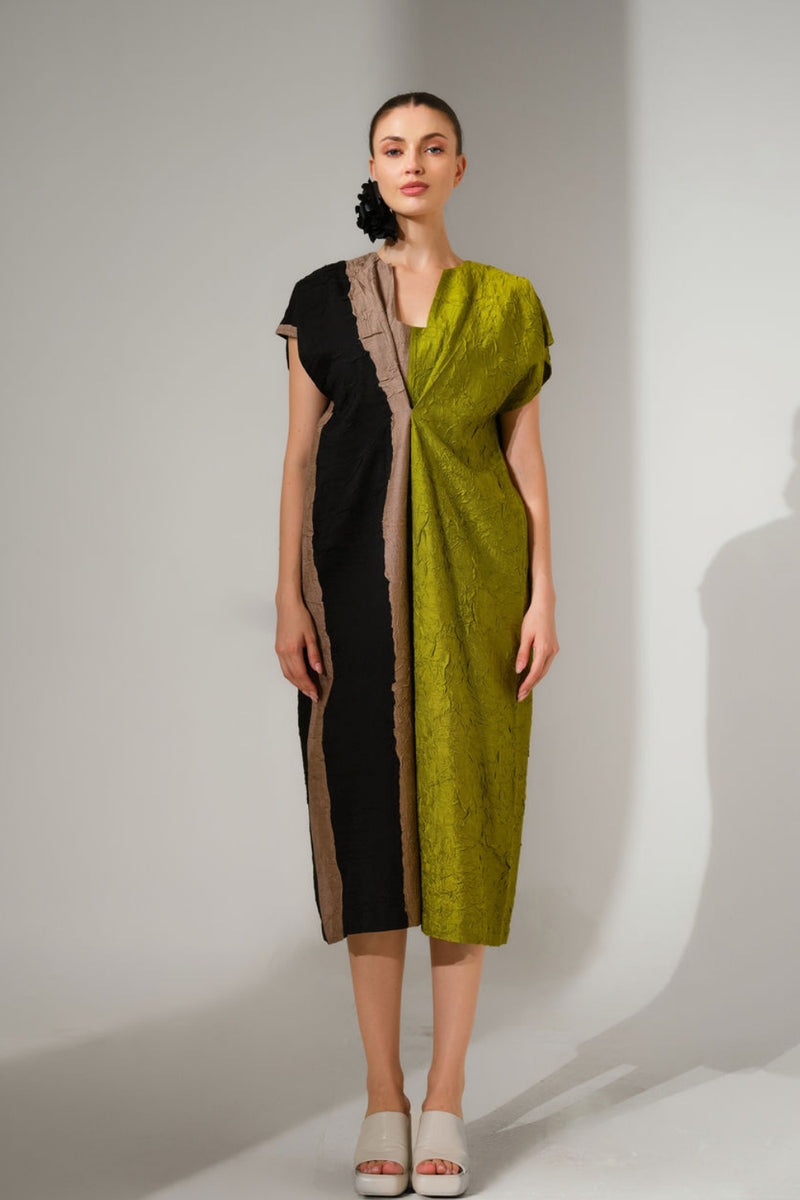 Ripple Dress-Black + Grey + Lime crushed silk dress by Stoique in black, grey, lime for women Worldwide