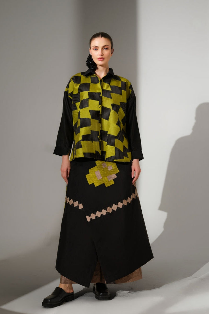 Embrace Skirt-Black + Lime mysore silk skirt by Stoique in black, lime for women Worldwide