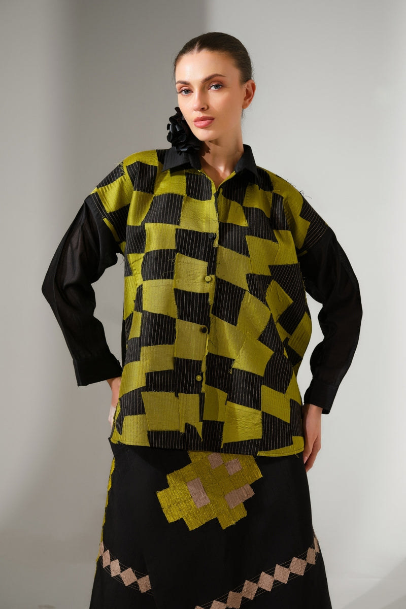 Drift Shirt-Black + Lime silk chanderi top/shirt by Stoique in black, lime for women Worldwide