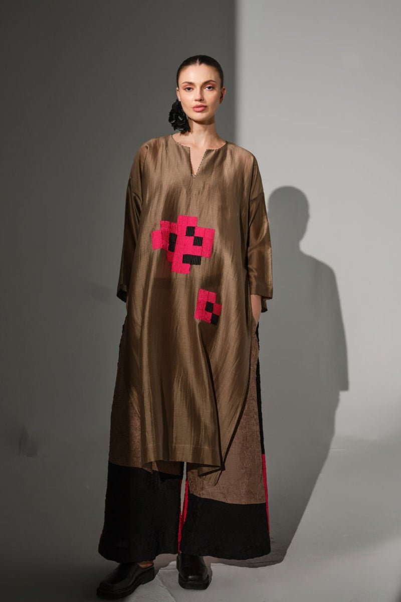 Trace Tunic-Grey + Pink + Black silk chanderi tunics/kaftan by Stoique in grey, pink, black for women Worldwide
