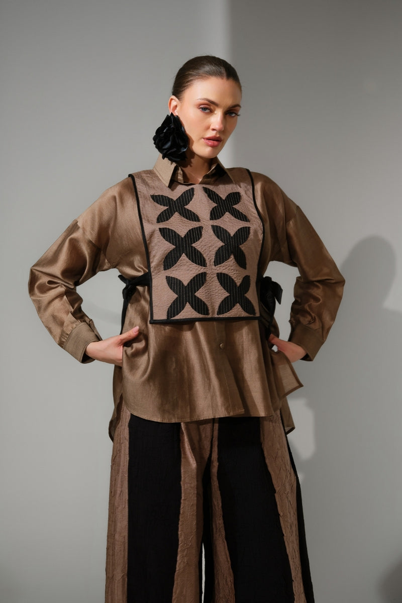 Pebble Shirt-Grey + Black silk chanderi top/shirt by Stoique in grey, black for women Worldwide
