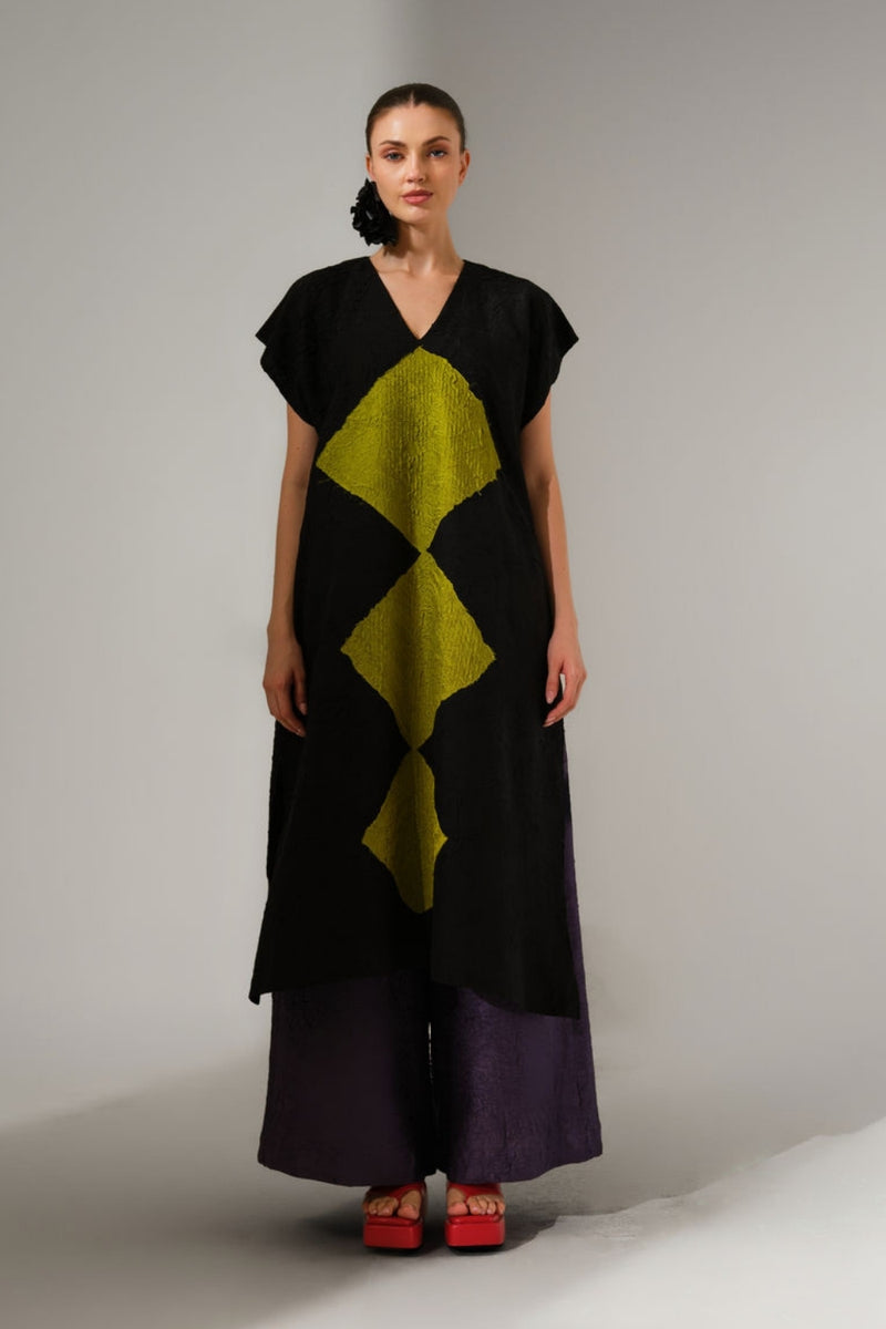 Facet Tunic-Black + Lime crushed silk tunics/kaftan by Stoique in black, lime for women Worldwide