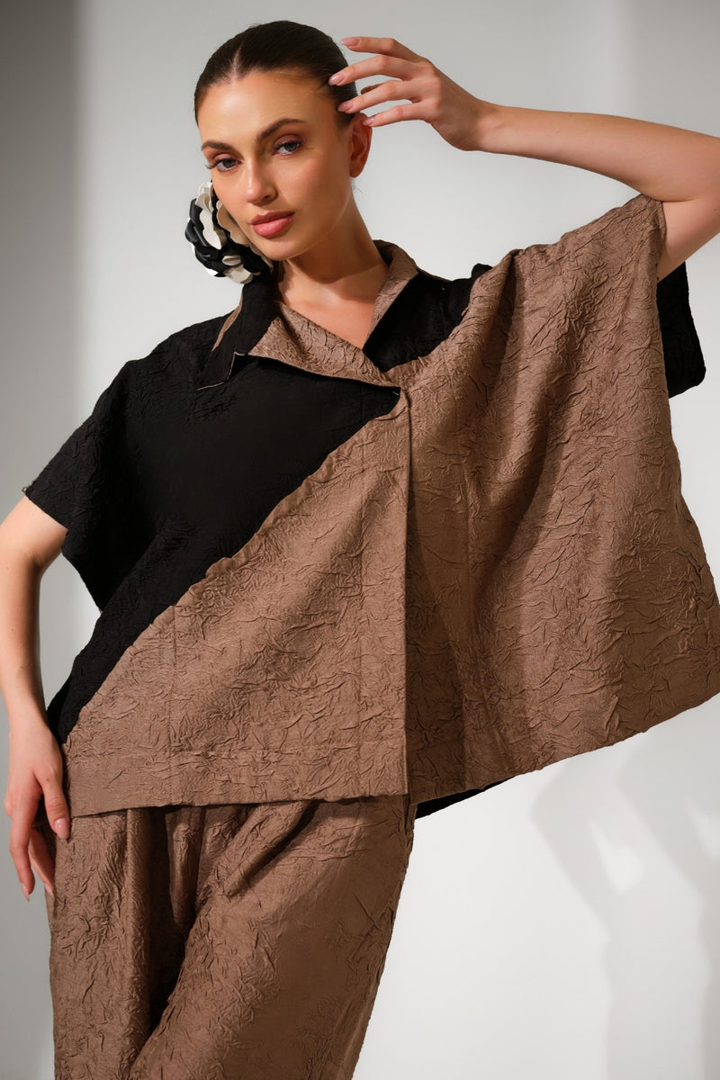 Emerge Overlay-Grey + Black crushed silk jacket/overlay by Stoique in grey, black for women Worldwide