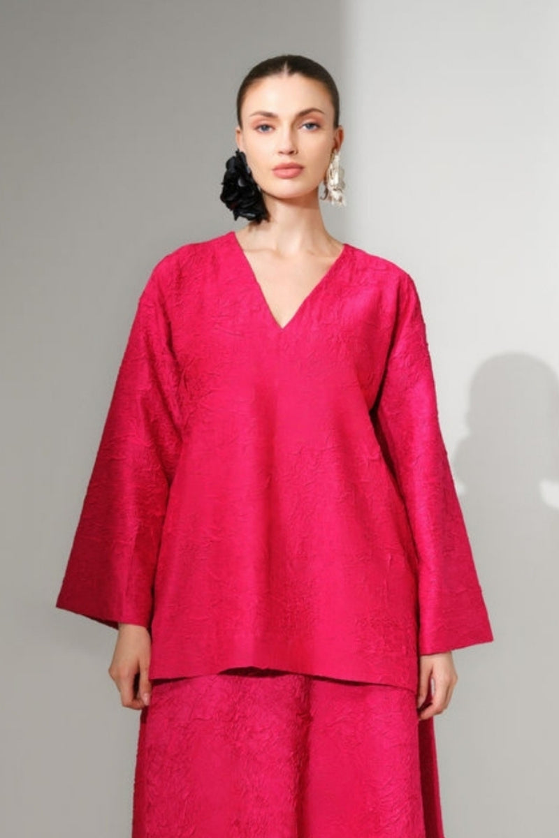 Scarlet Top-Pink crushed silk top/shirt by Stoique in pink for women Worldwide