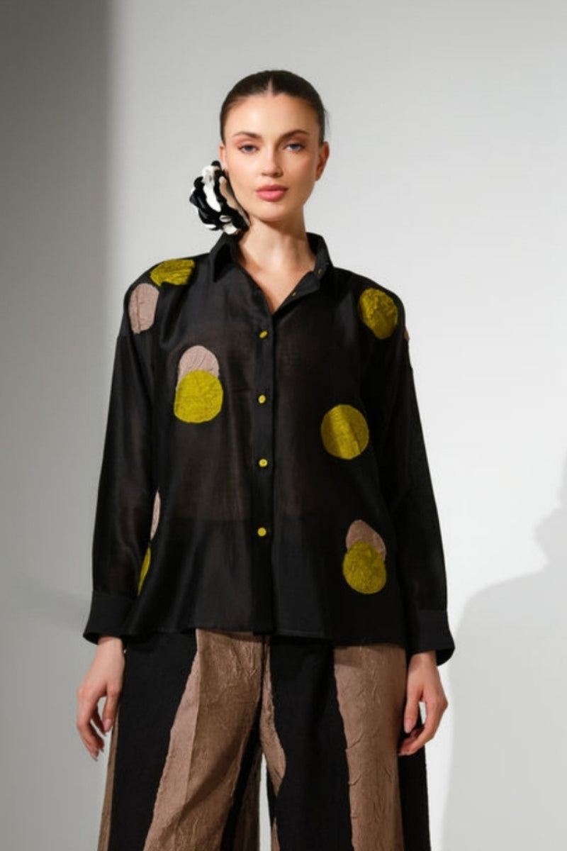 Halo Shirt-Black + Lime+ Grey silk chanderi top/shirt by Stoique in black, lime+ grey for women Worldwide