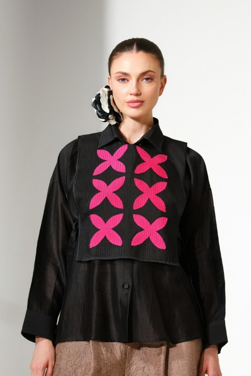 Pebble Shirt-Black + Pink silk chanderi top/shirt by Stoique in black, pink for women Worldwide