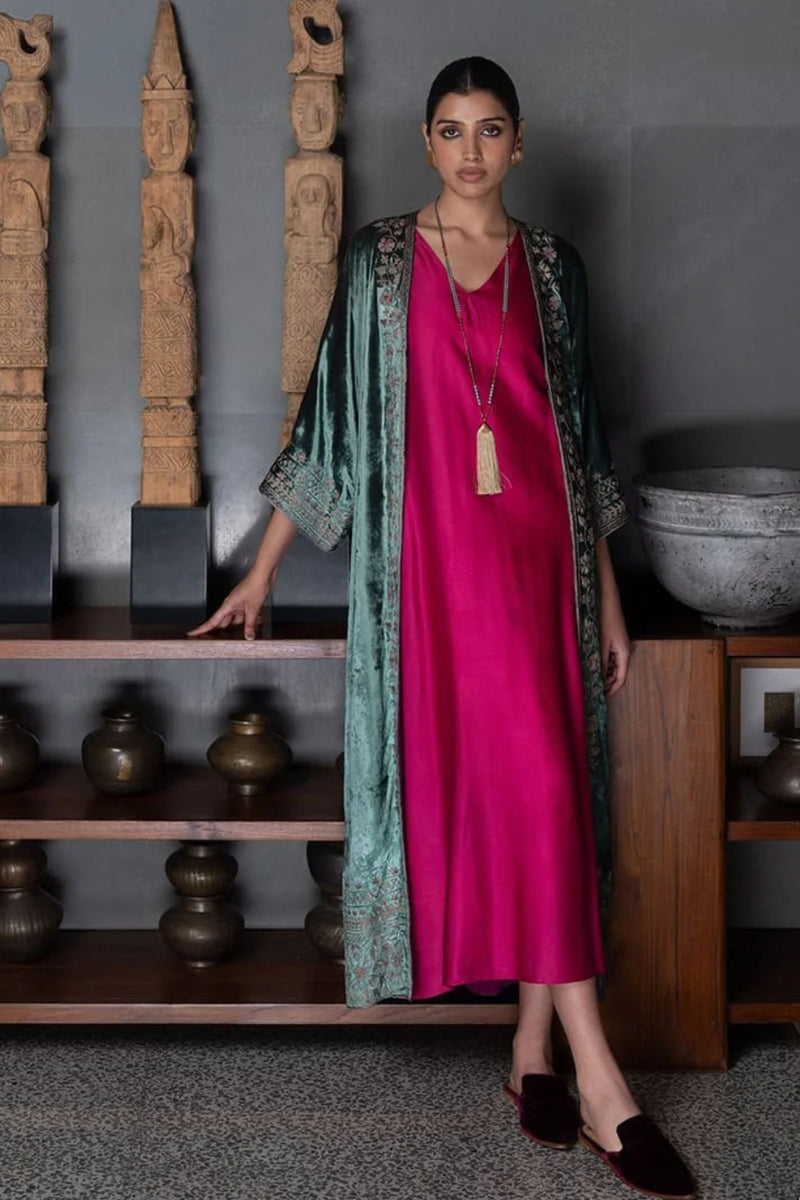 ‘Gul Mehar’ aquamarine silk velvet overlay moroccan floral bel embroidery silk velvet kurta/kurta set by Malika Mathur in light blue for women Worldwide