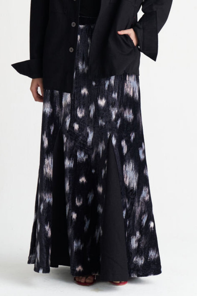 Ikat Print Velvet Circular Skirt-Black Ikat Print velvet skirt by THREE in black for women Worldwide