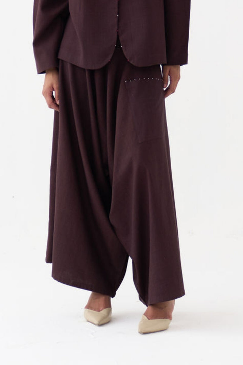 Drop Crotch Pant-Dark Brown handwoven cotton pant/trouser by THREE in brown for women Worldwide