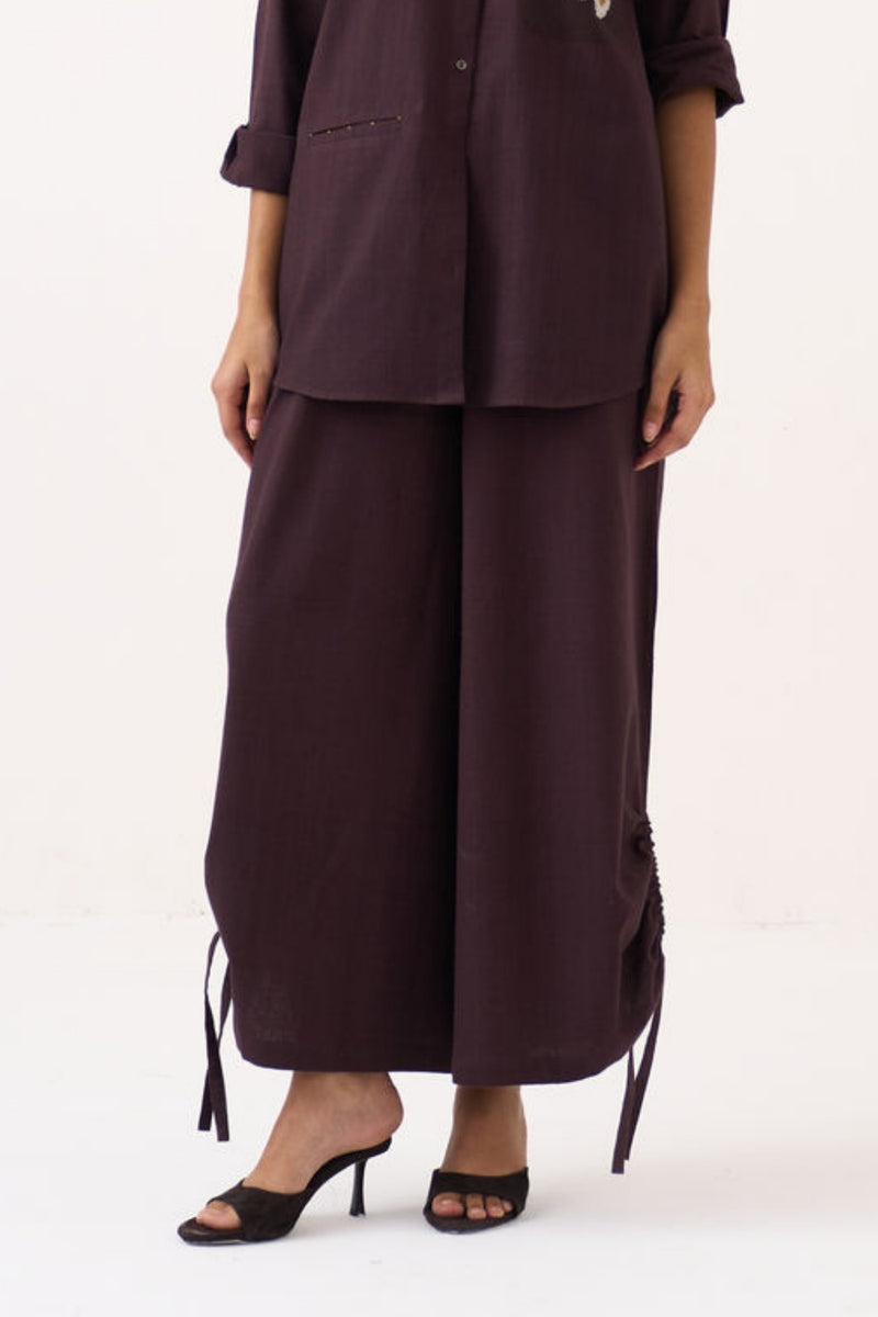 Drawstring Bottom-Dark Brown handwoven cotton pant/trouser by THREE in brown for women Worldwide