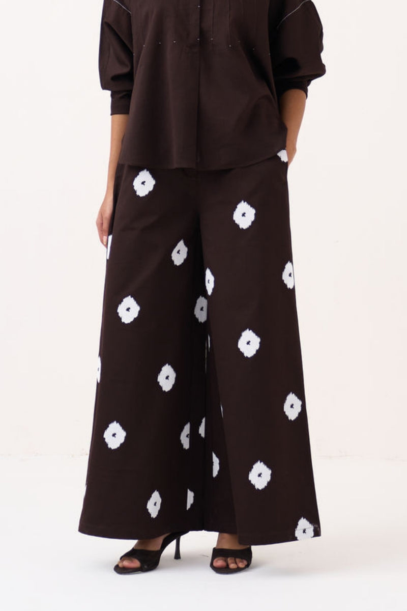 Hand Block Print Bottom-Dark Brown hard cotton twill pant/trouser by THREE in brown for women Worldwide