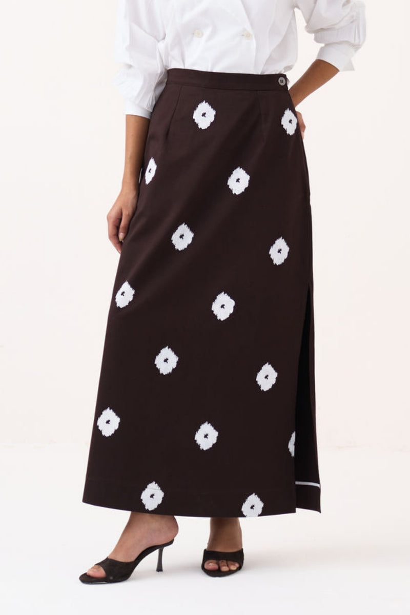 Hand Block Print Skirt-Dark Brown hard cotton twill skirt by THREE in brown for women Worldwide