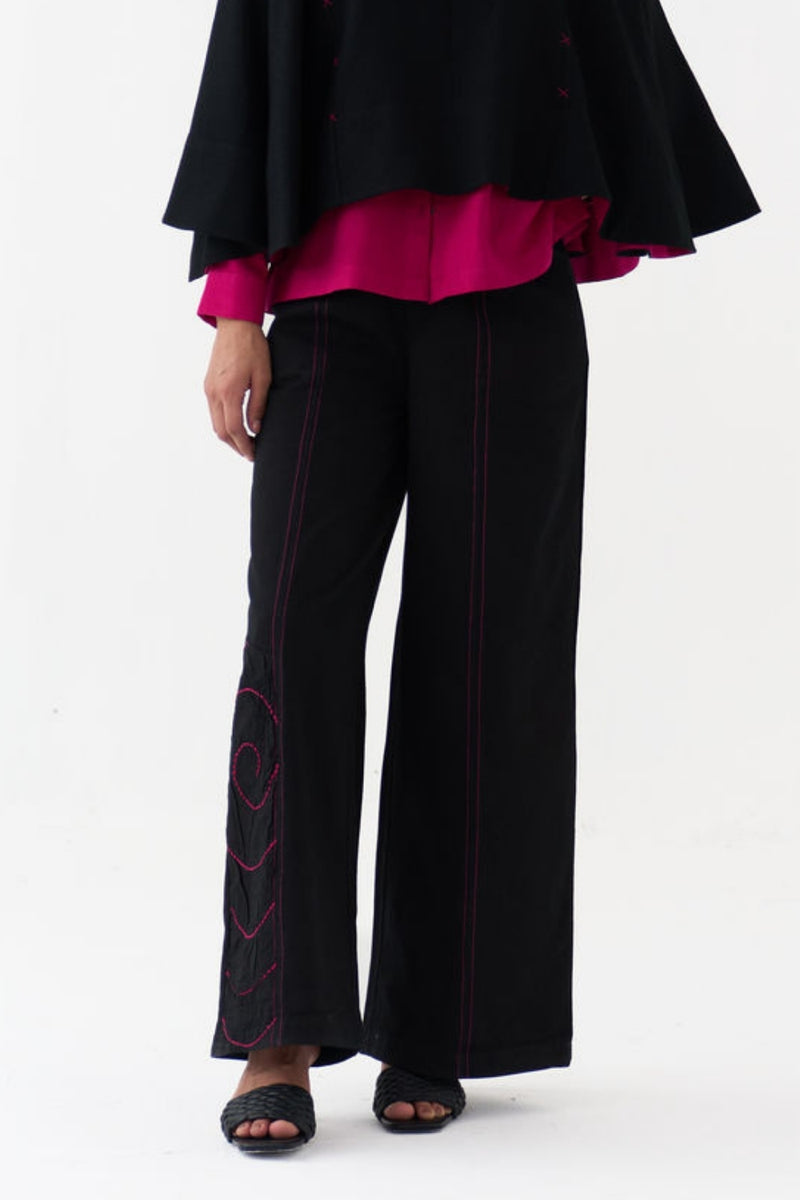 Ripple Emb. Bottom-Black denim pant/trouser by THREE in black for women Worldwide
