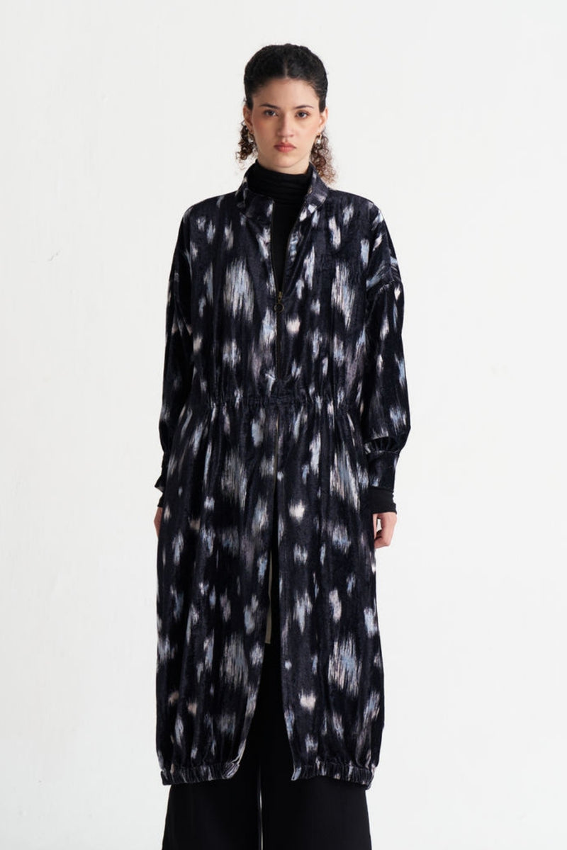 Ikat Print Velvet Drawstring Tunic-Black Ikat Print velvet tunics and kaftans by THREE in black for women Worldwide