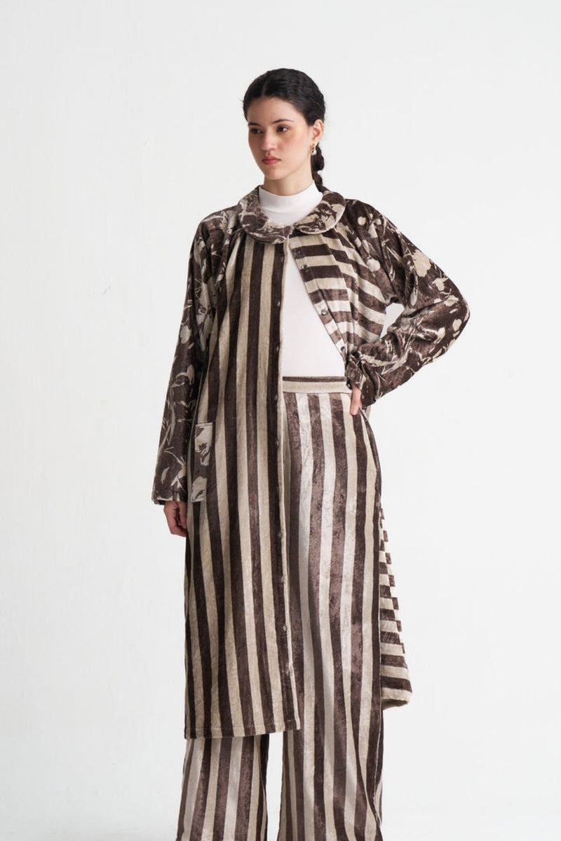 Contrast Stripe Tunic-Umber Floral + Umber Stripe velvet tunics and kaftans by THREE in brown for women Worldwide